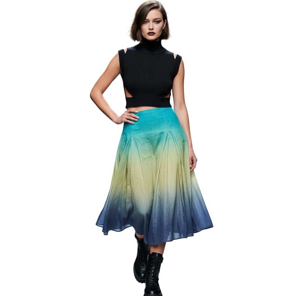 Jones New York Ombre Linen Silk Pleated Midi Skirt Blue Yellow Mermaidcore Sz 6